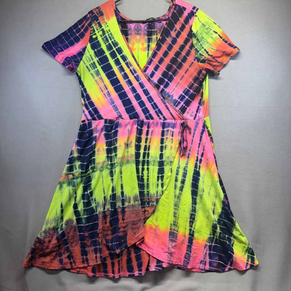 White Mark Faux Wrap Dress Womens 1XL Multicolor Tie Dye Short Sleeve Stretch